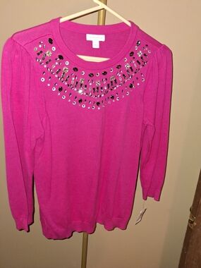 Charter Club Embelished Fuchsia Pink Crewneck Sweater